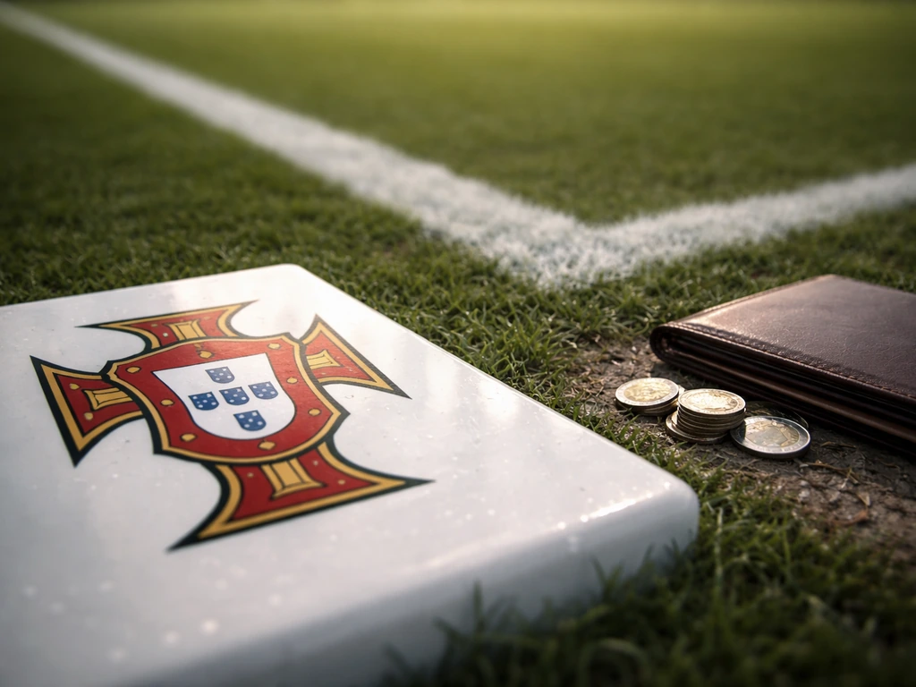 Portuguese football crest beside a green pitch with a few coins and a folder, no people.