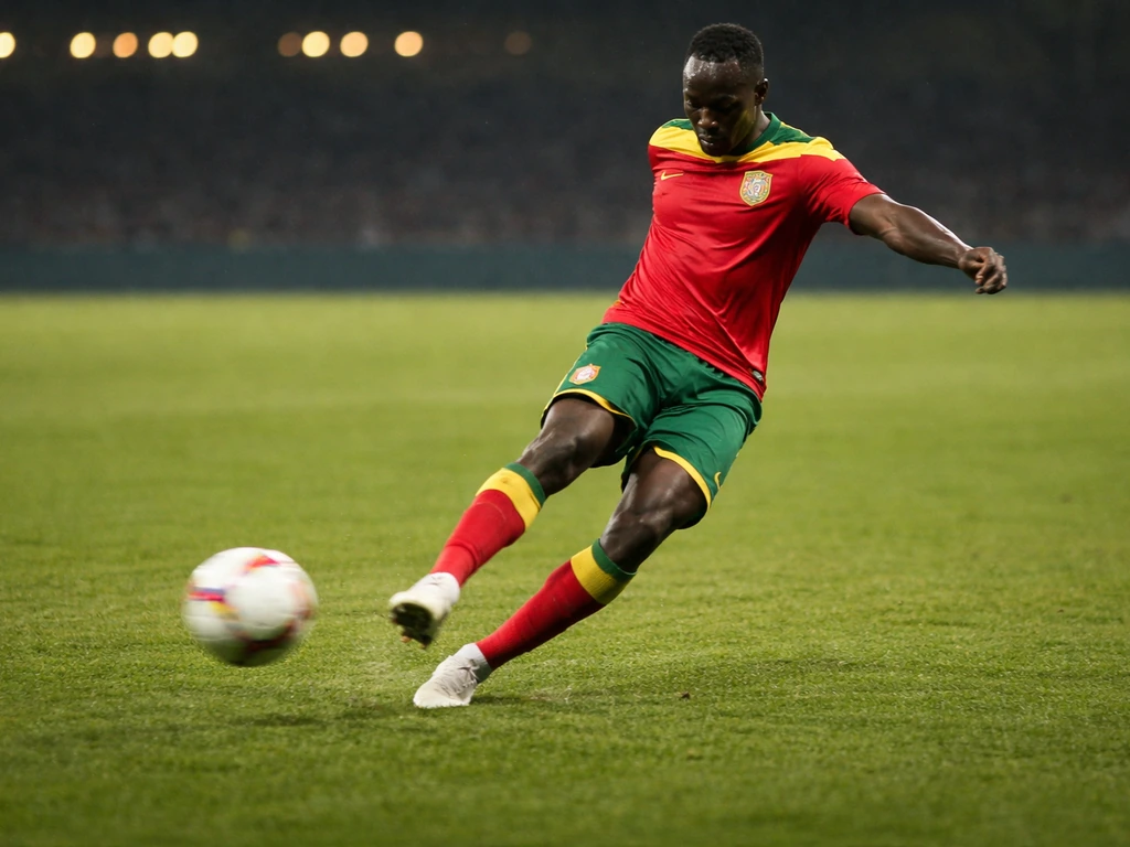 Soccer winger in Senegal colors striking a ball on a grass pitch to cue Sadio Mané context.