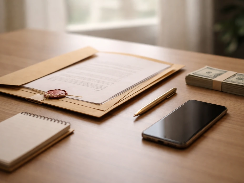 Minimal office scene with a sealed contract folder and a smartphone on a desk, symbolizing club bonuses and salary deals