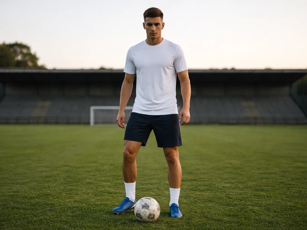 Anonymous football centre-back on a grass pitch holding a ball, stadium blurred in the background.