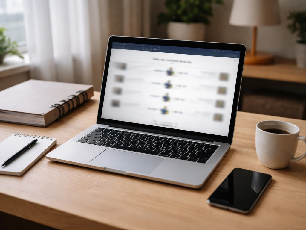 Minimal home-office desk with laptop showing blurred transfer-timeline style content and research tools