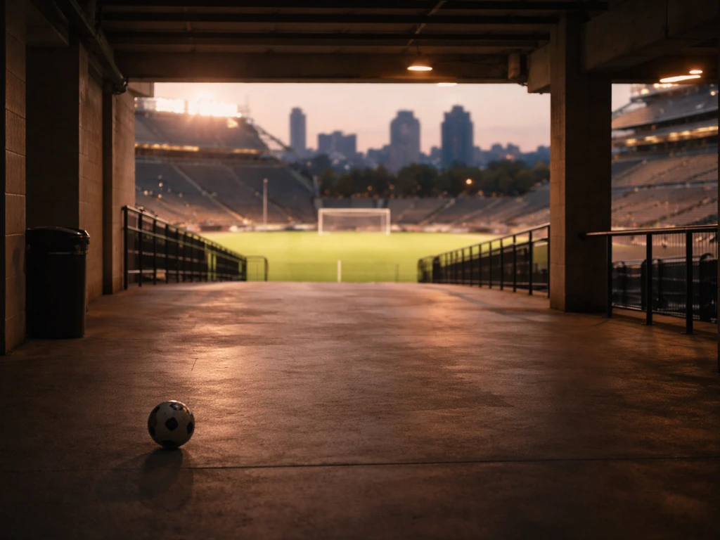 Empty soccer stadium walkway with Atlanta skyline at dusk, suggesting MLS club and early-career earnings.