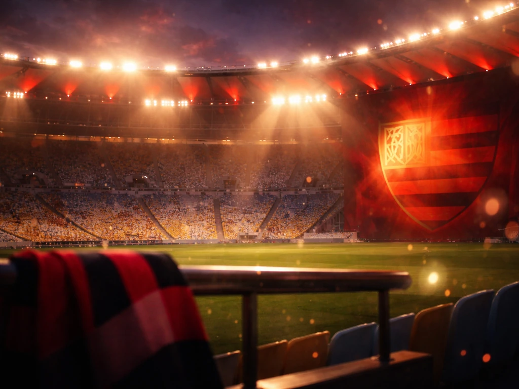 Maracanã stadium at dusk with a subtle red-and-black crest backdrop and a symbolic club-value overlay glow