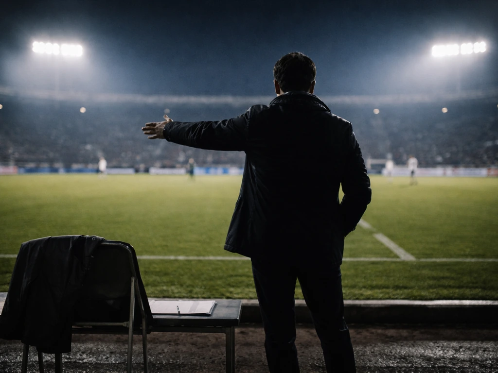 Empty football sideline at night with a lone coach silhouette giving tactical instructions