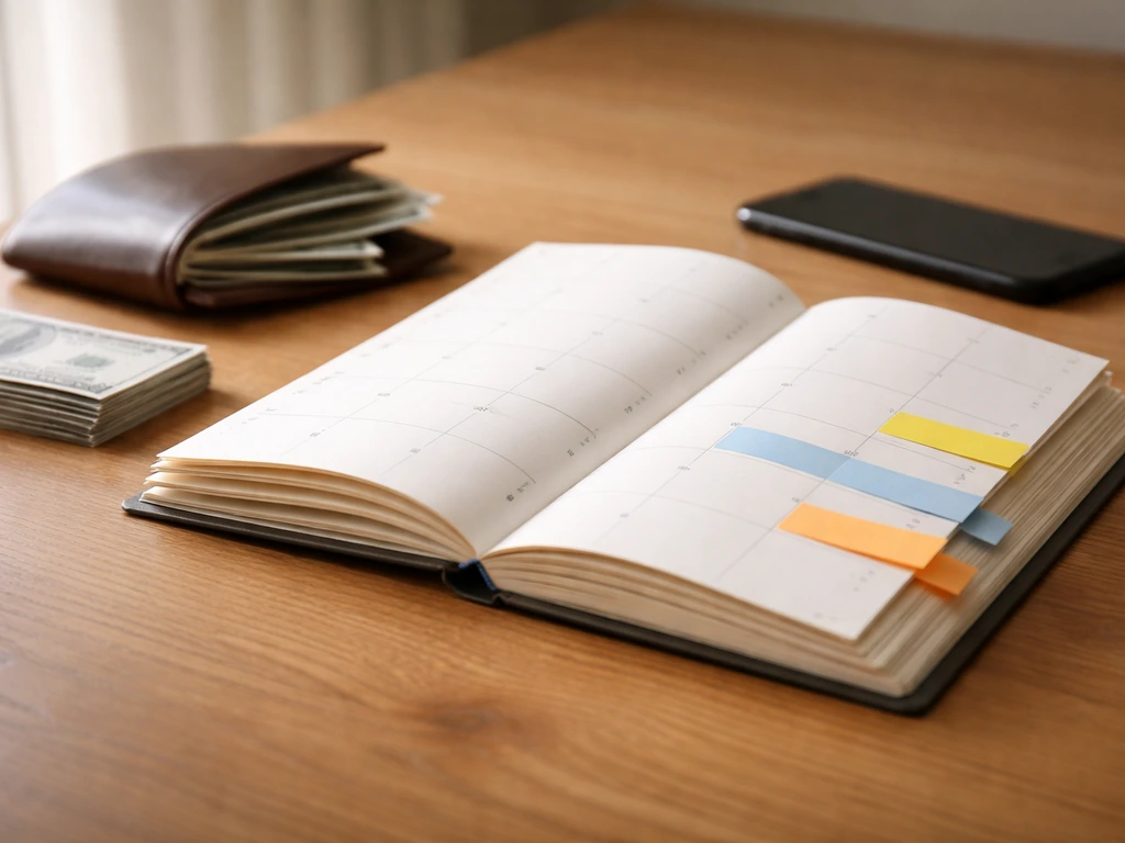 Minimal photo of a finance-themed desk with calendar cards and a wallet, symbolizing changing earnings over a career