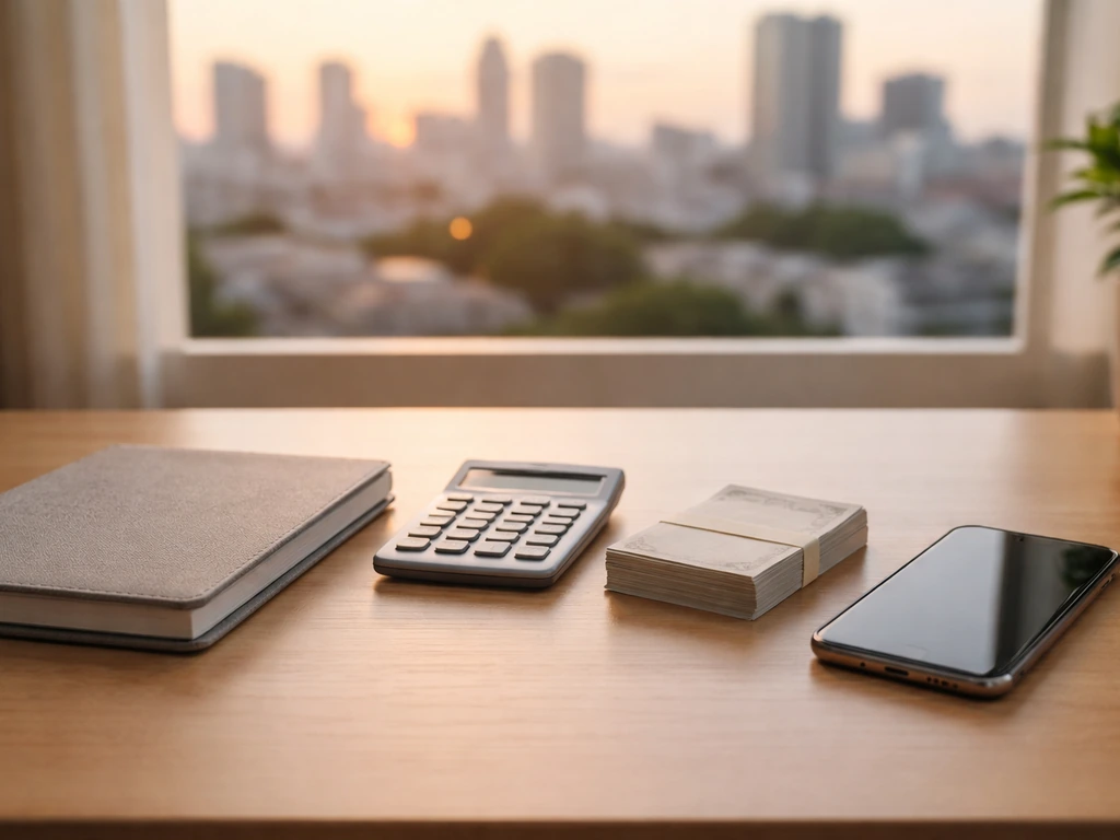 Minimal desk scene with calculator and money-like cards, symbolizing a net worth estimate confidence range.
