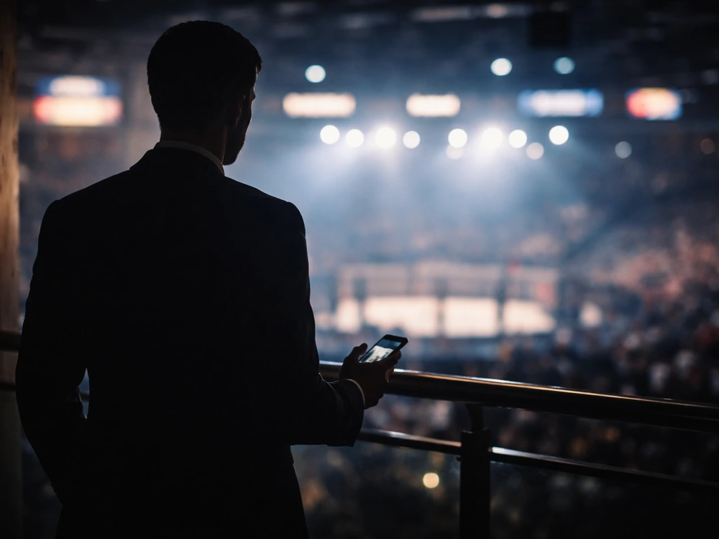 Dramatic MMA business scene with businessman silhouette, arena lights, and blurred KSW-style signage