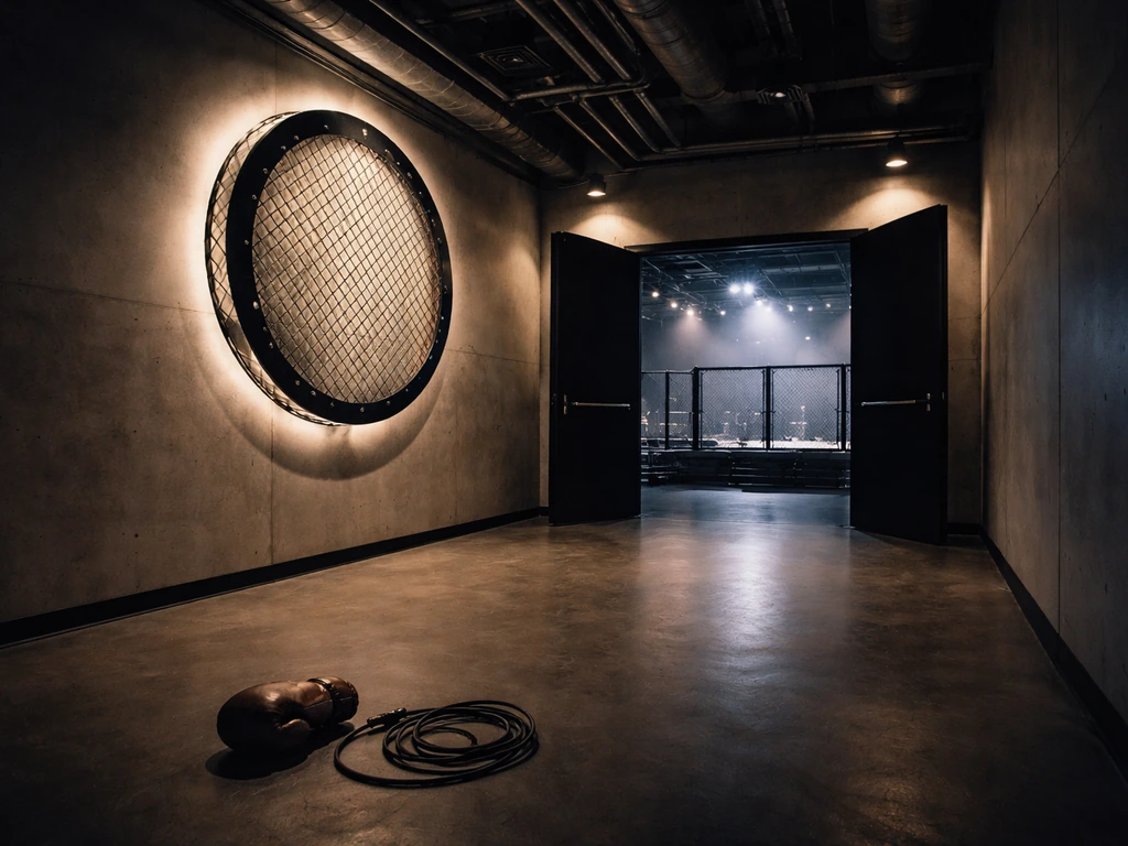 Empty MMA event venue entrance with spotlights and a blank KSW-style sign silhouette.
