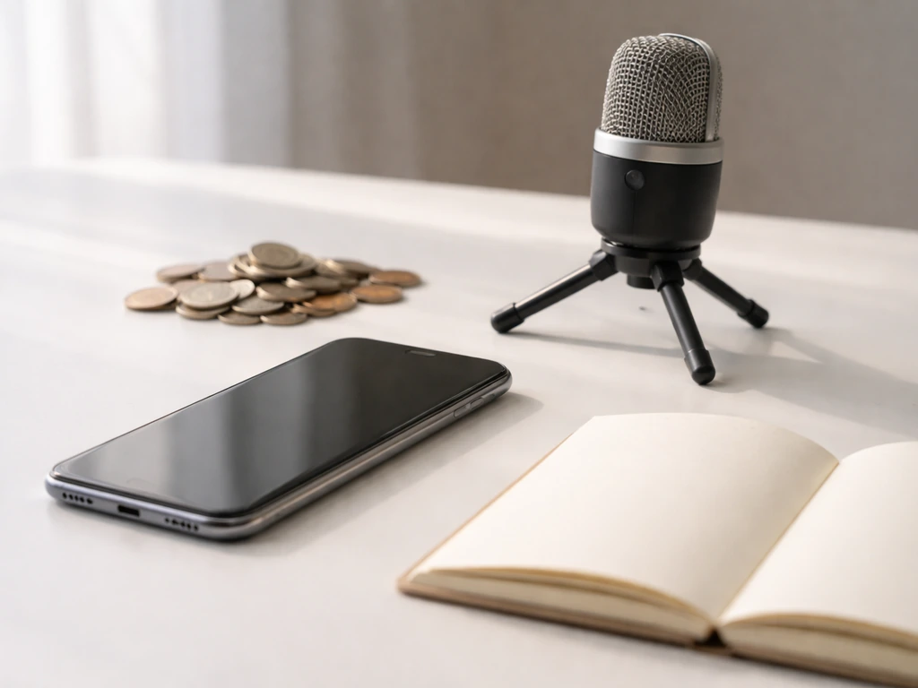 Minimal photo of a desk with a smartphone and microphone beside scattered coins and a notebook, symbolizing net worth es