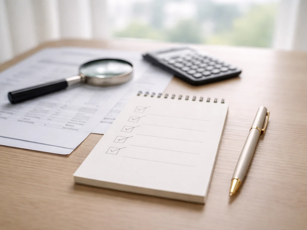 Minimal office scene with a checklist notepad and magnifying glass over financial documents, symbolizing estimate verifi
