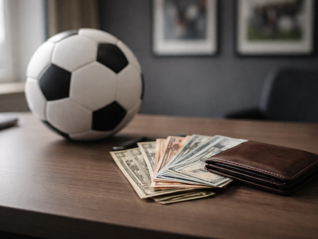 Minimal symbolic photo of money and a sports theme representing a net-worth range estimate