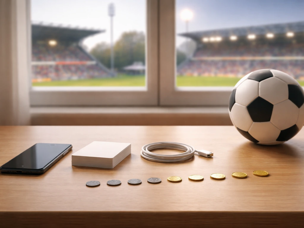 Minimal desk scene with a soccer ball, coins/tokens in a line, and blurred European stadiums in the background.
