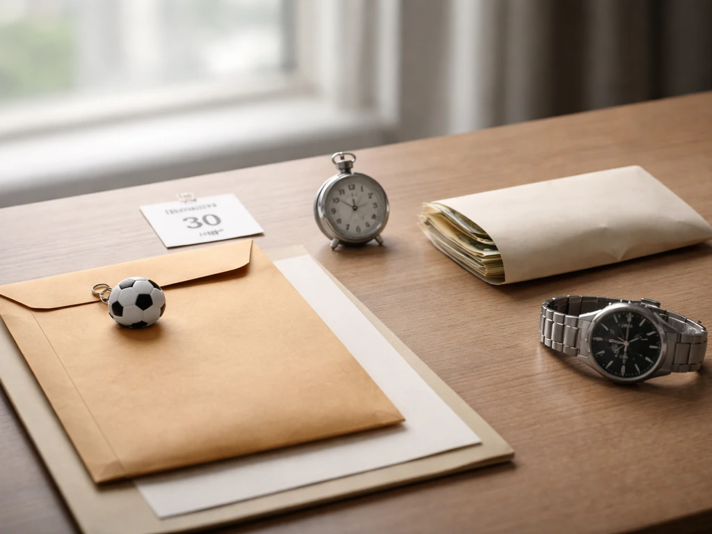 Minimal desk scene with a transfer envelope and contract folder, suggesting fee payment and contract length.