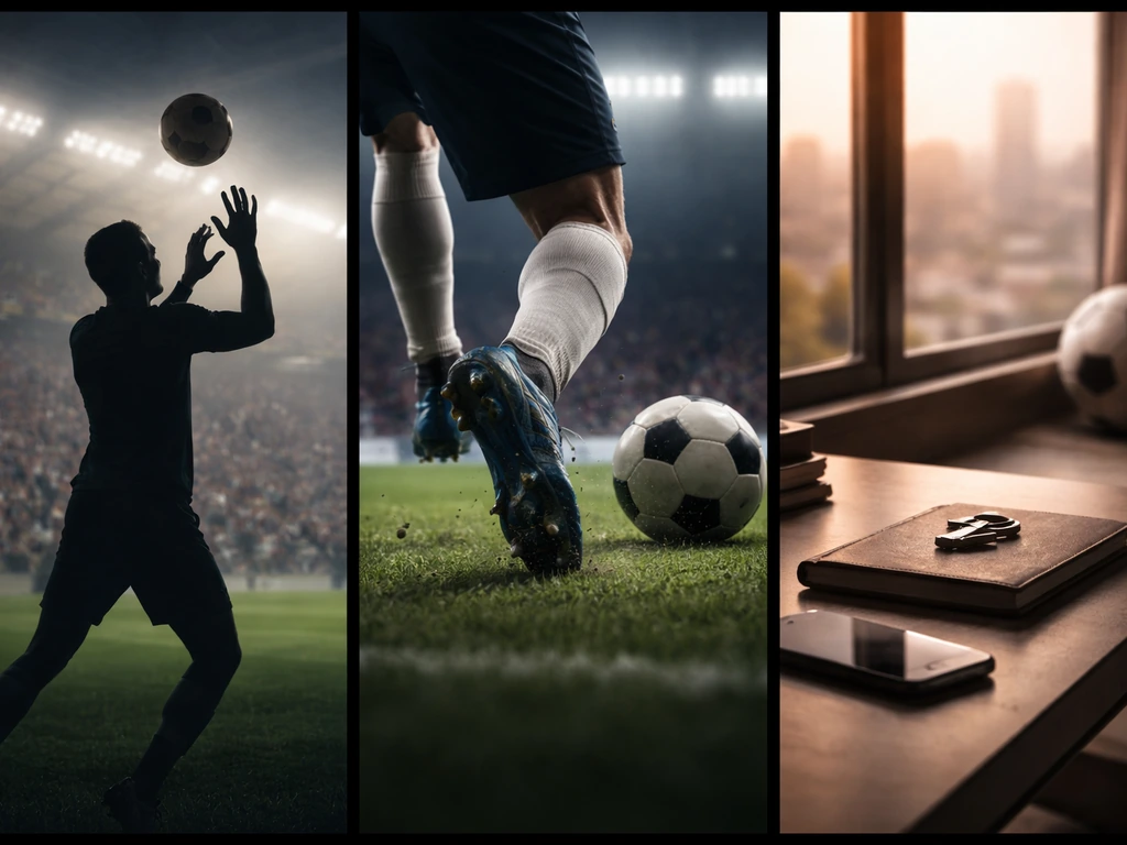 Minimal montage of football match moments and a forward-looking wealth theme using symbolic, non-identifiable scenes.