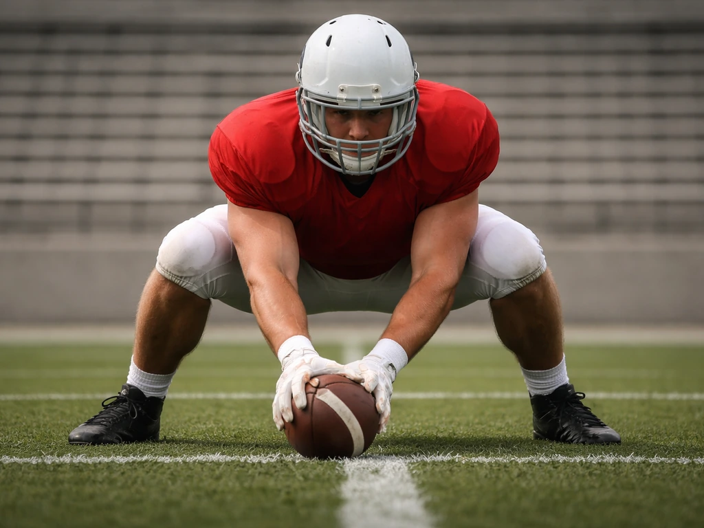 Football center in a red-and-white practice uniform snapping the ball in an empty stadium.