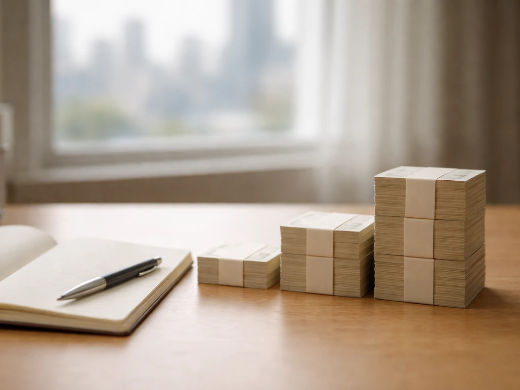 Minimal desk scene with ascending stacks of money-like paper bundles suggesting career earnings over time.