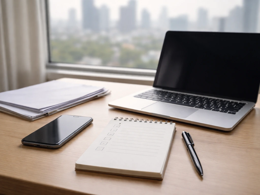 Minimal desk scene with open laptop and blank checklist for verifying financial figures using public records.