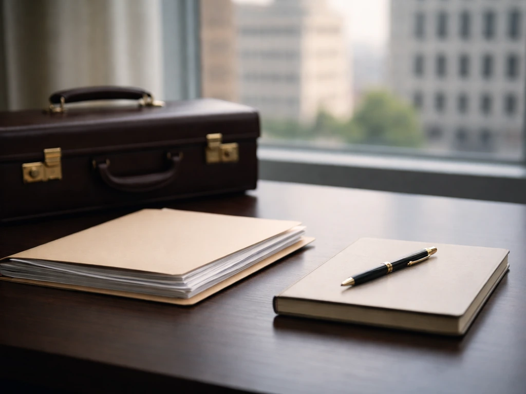 Minimal office scene with a law-style notebook and documents beside a city backdrop, symbolizing an executive lawyer.