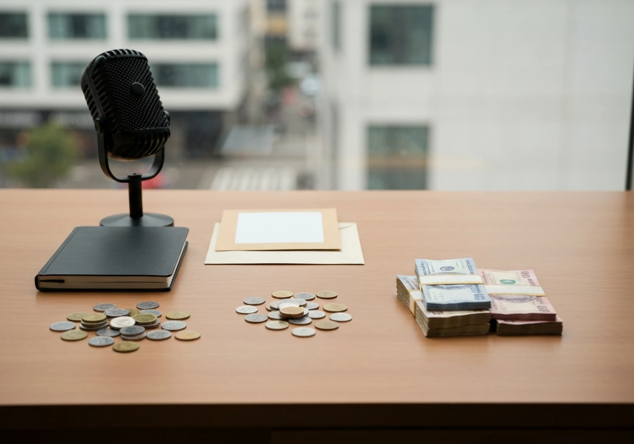 Minimal desk scene with microphone and coins showing modest vs larger cash piles, no text.