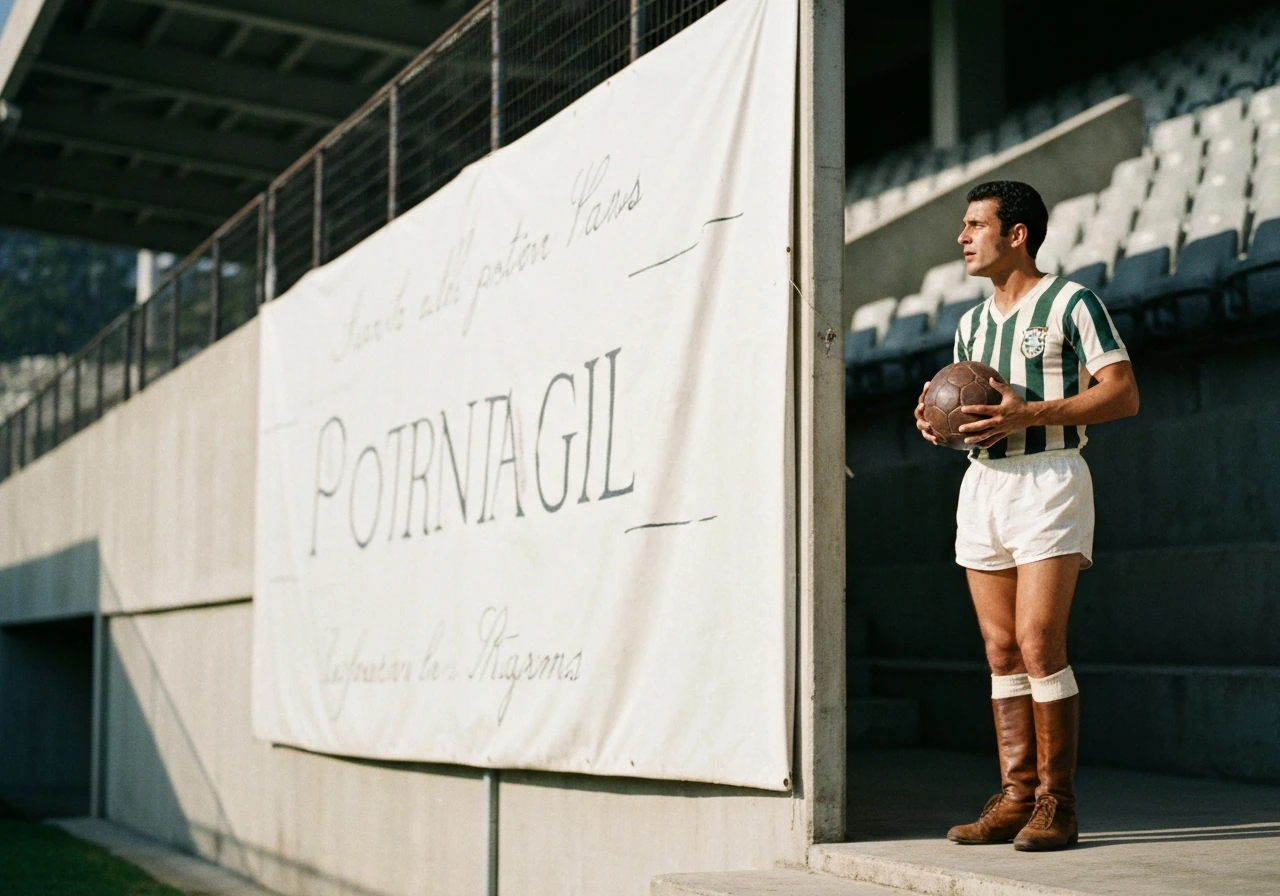 Garrincha-era Brazilian footballer near a sponsor banner at a stadium walkway, mid-1960s vibe.