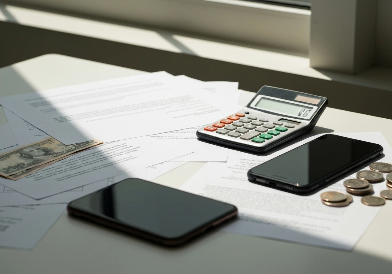 Minimal desk scene with scattered documents, a calculator, and a smartphone beside banknotes and coins.