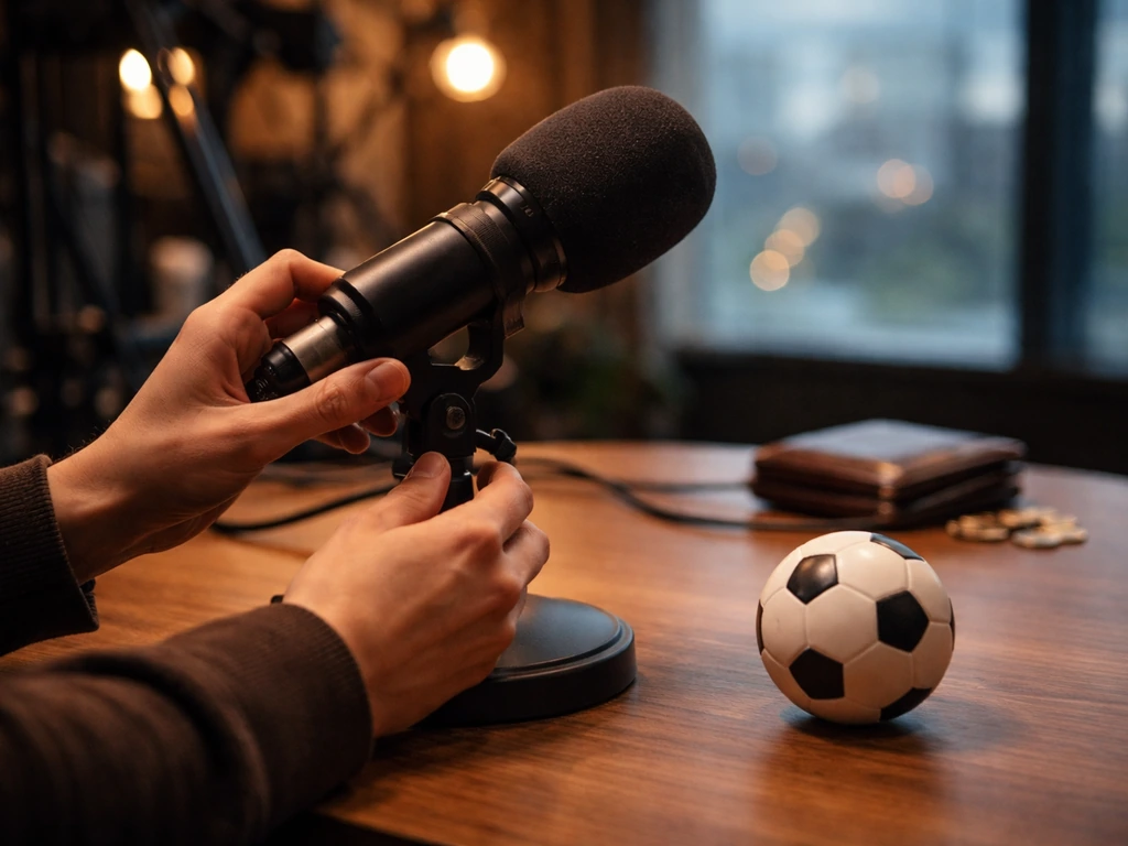 Minimal studio scene with a soccer-themed microphone and a money-focused atmosphere, symbolizing Tubes Soccer AM net wor