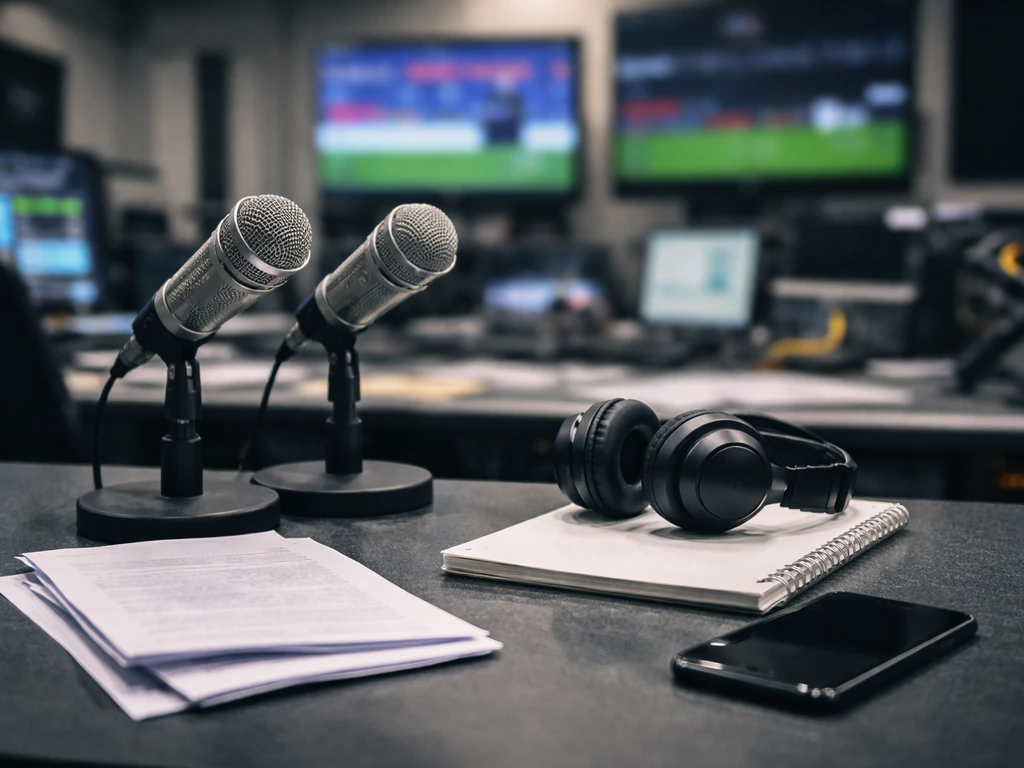 Anonymous TV studio desk with broadcast microphones and headphones, symbolizing a soccer media producer role.