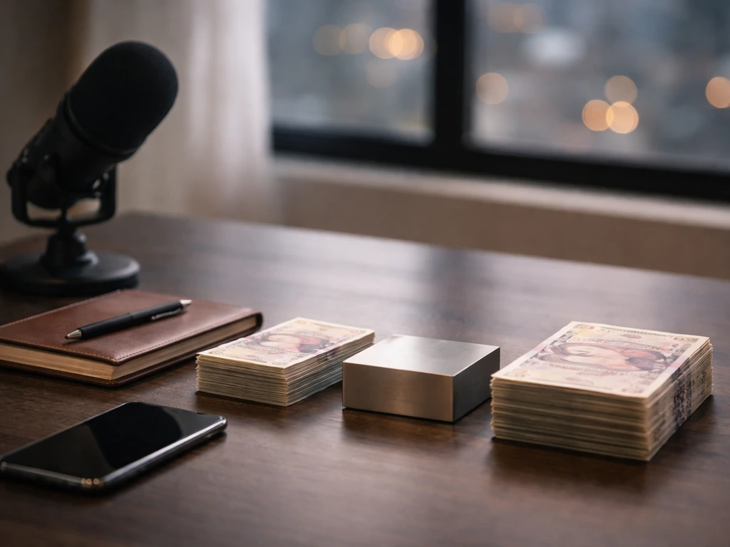 Minimal studio desk scene with a microphone and pound notes suggesting a net-worth range and midpoint.