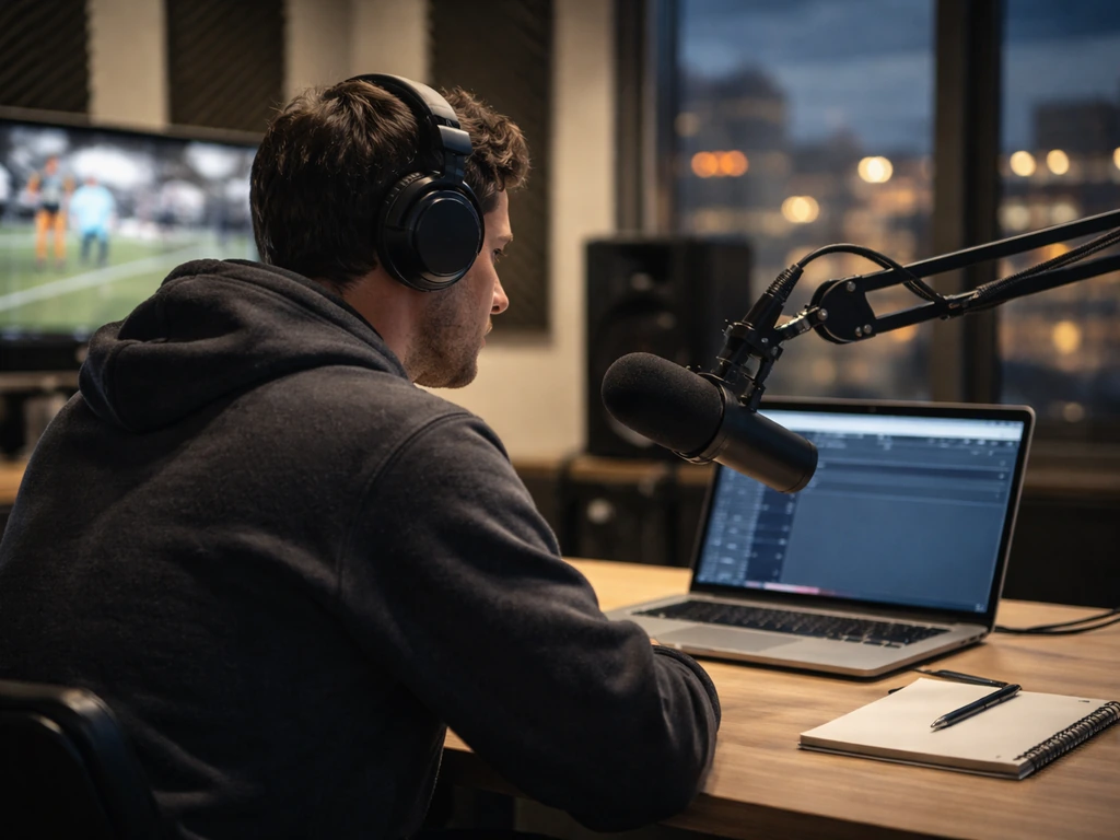 Anonymous producer in a football podcast studio, wearing headphones and recording at a microphone.