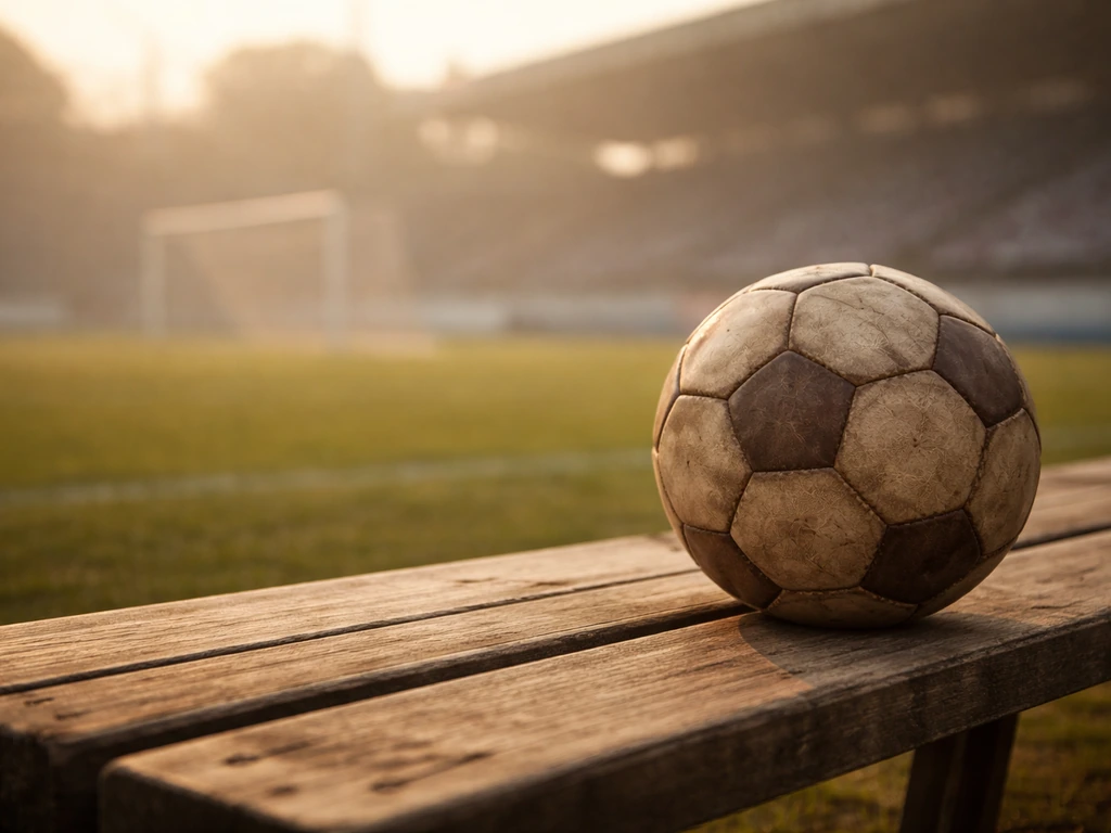 A soccer ball on a worn stadium bench with a distant goal and sunset lights, symbolizing a football career and earnings.