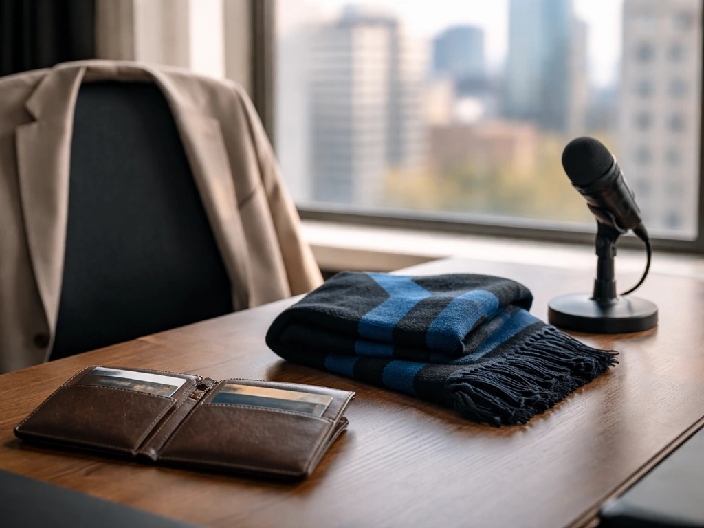 Minimal photo of a luxury desk with a football scarf and credit cards, symbolizing football money deals