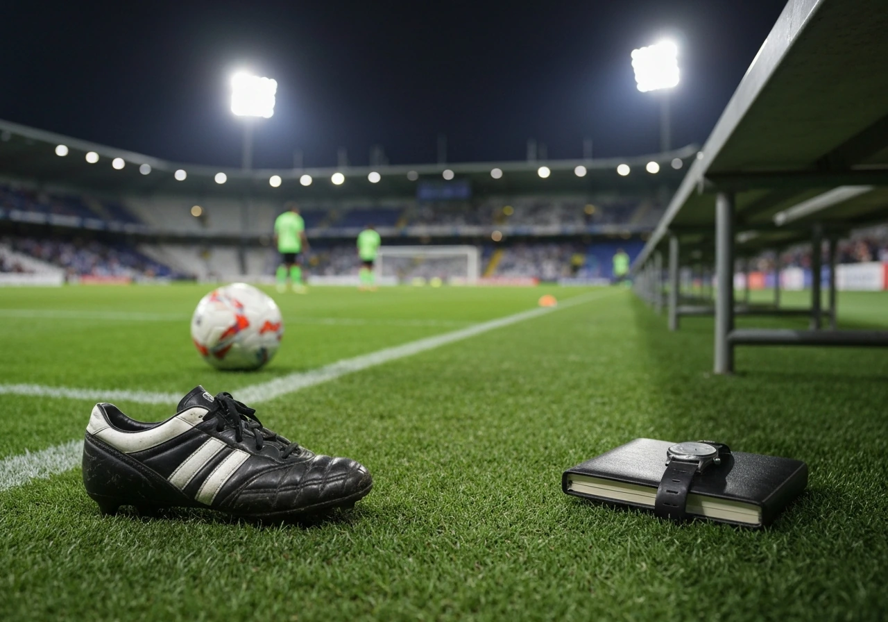 Football boots and a match ball on stadium grass with blurred lights, suggesting early career and media interest.