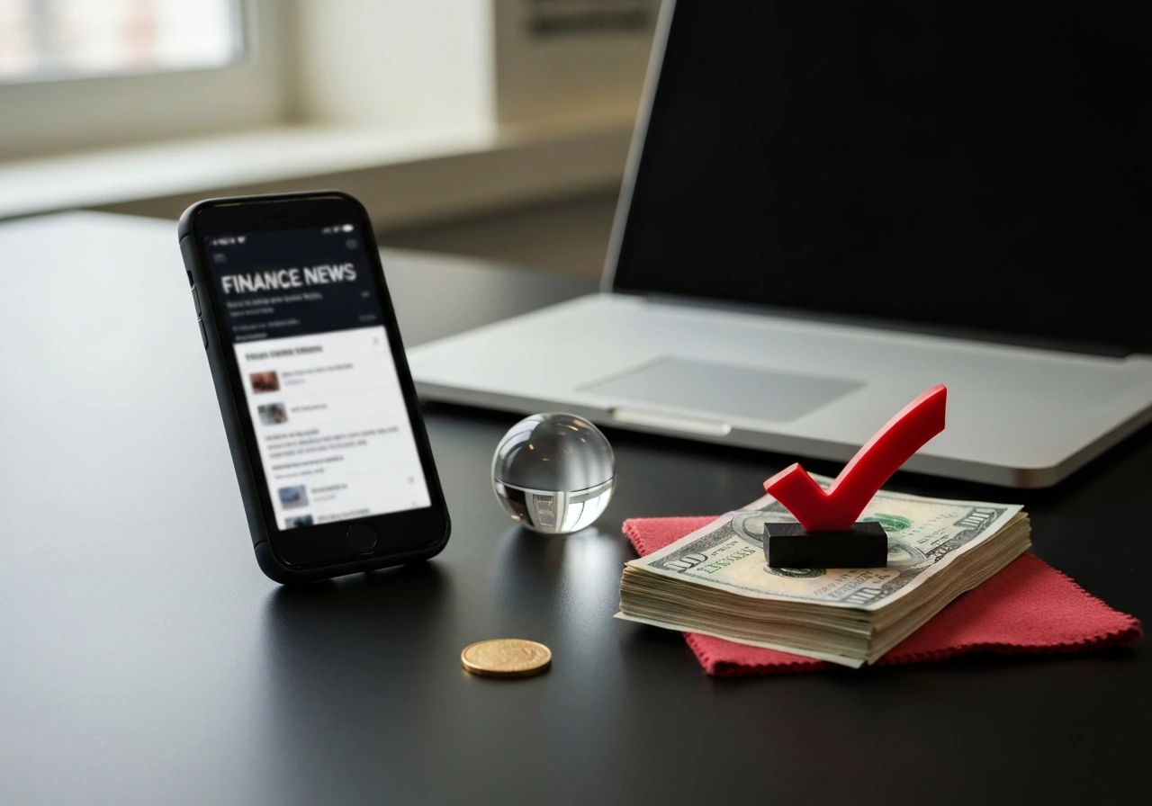 Minimal desk scene with phone, laptop, coins and cash suggesting financial estimate skepticism