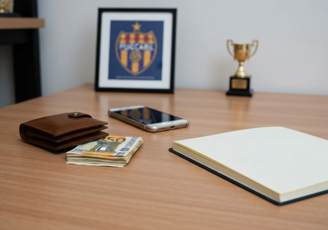 Minimal office desk scene with wallet, Euro cash, and blank notebook symbolizing club-by-club career earnings.