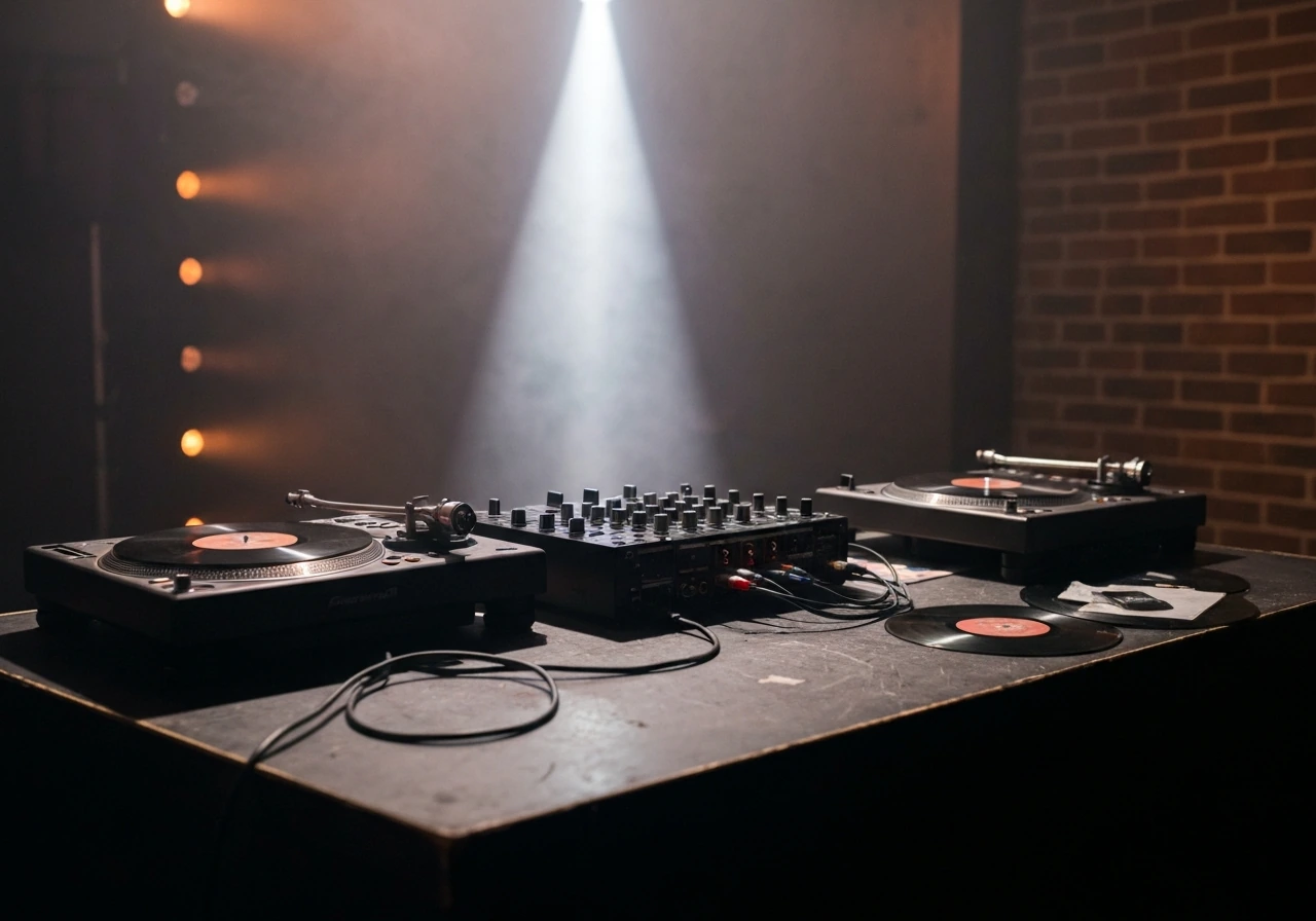 Empty DJ booth in a dim Hamburg-style club with vinyl, cables, and a glowing turntable setup