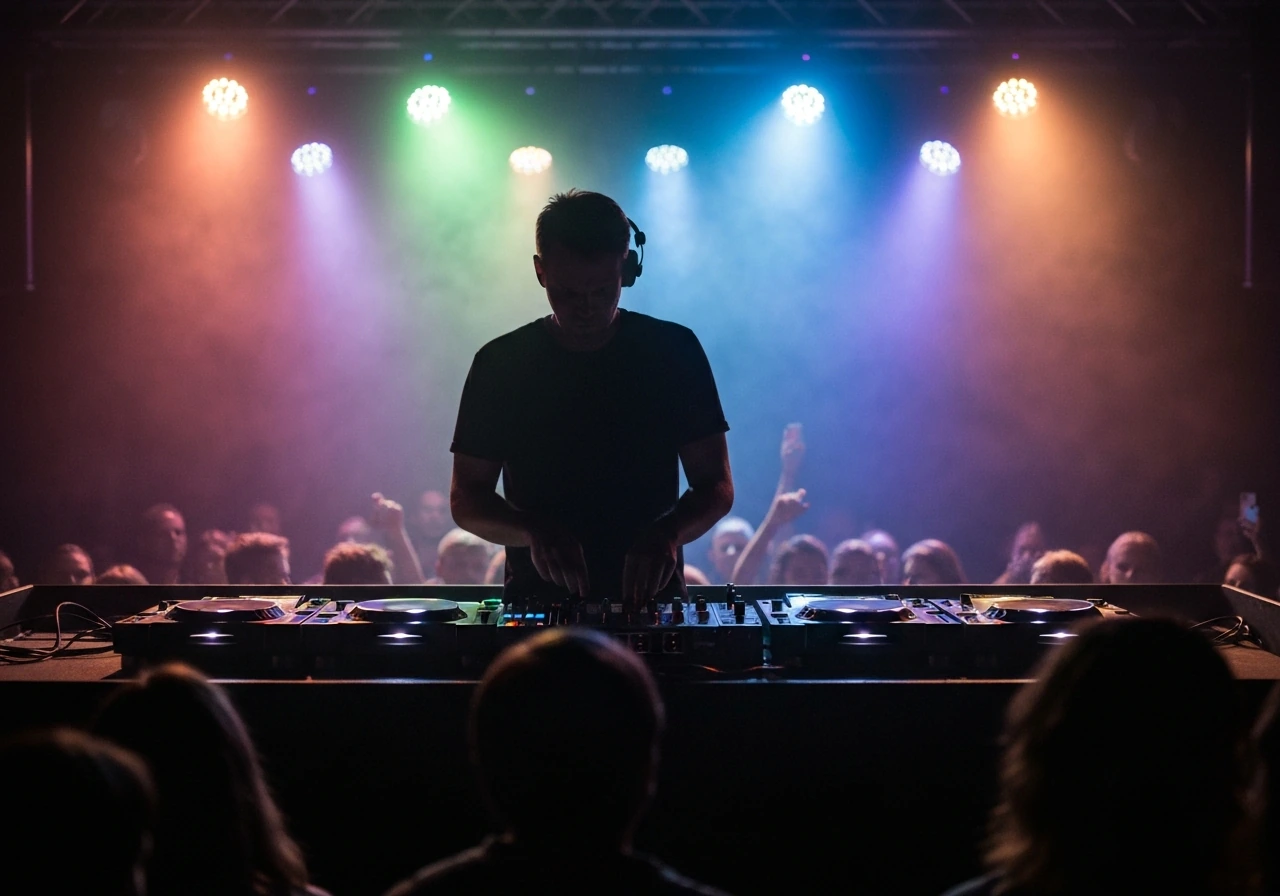 Anonymous DJ silhouette at a festival booth with crowd and stage lights, symbolizing live performance income.