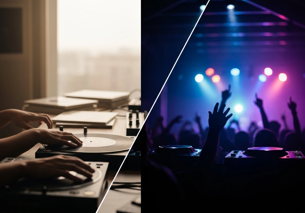Split lighting scene showing studio work and later festival nightlife, symbolizing career growth and wealth
