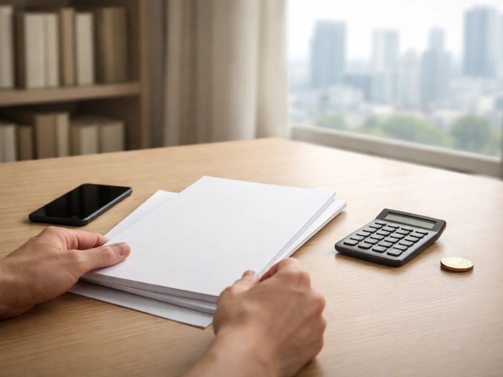 Hands on a simple desk with blank papers, calculator, and a turned-off phone suggesting net-worth research.