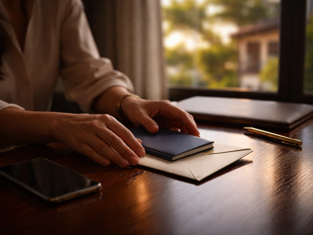 Anonymous hands in a warm office with travel documents and business items, symbolizing a Jamaica-to-US journey.
