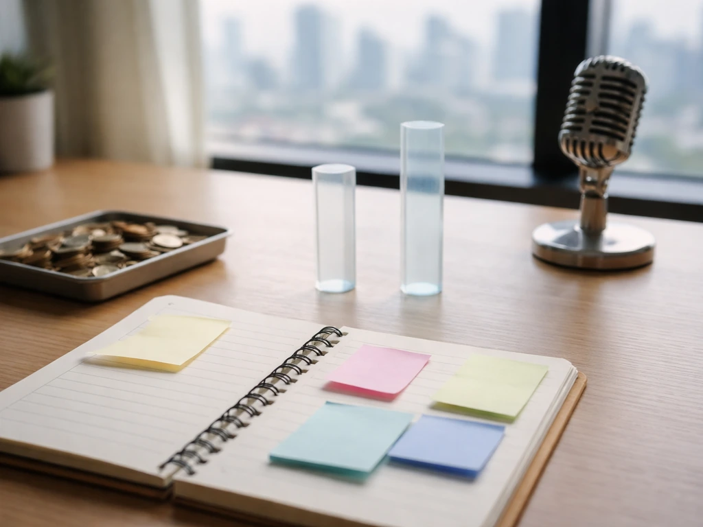 Minimal office desk scene with money symbols and uncertainty markers, no person or text.