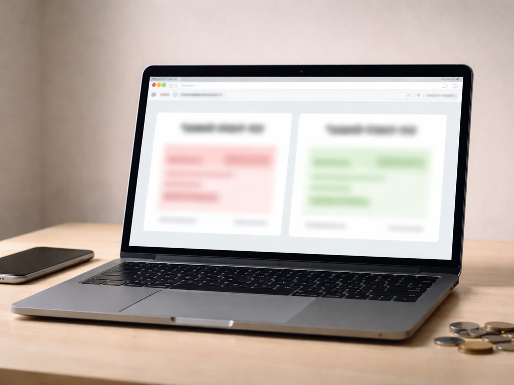 Laptop on a desk with two blurred finance webpage panels in contrasting colors and coins nearby.