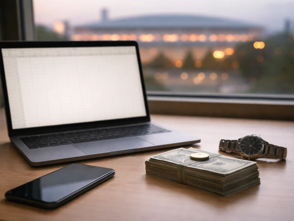 Minimal desk scene with laptop, blank grid, banknotes, and coins symbolizing NBA career earnings.