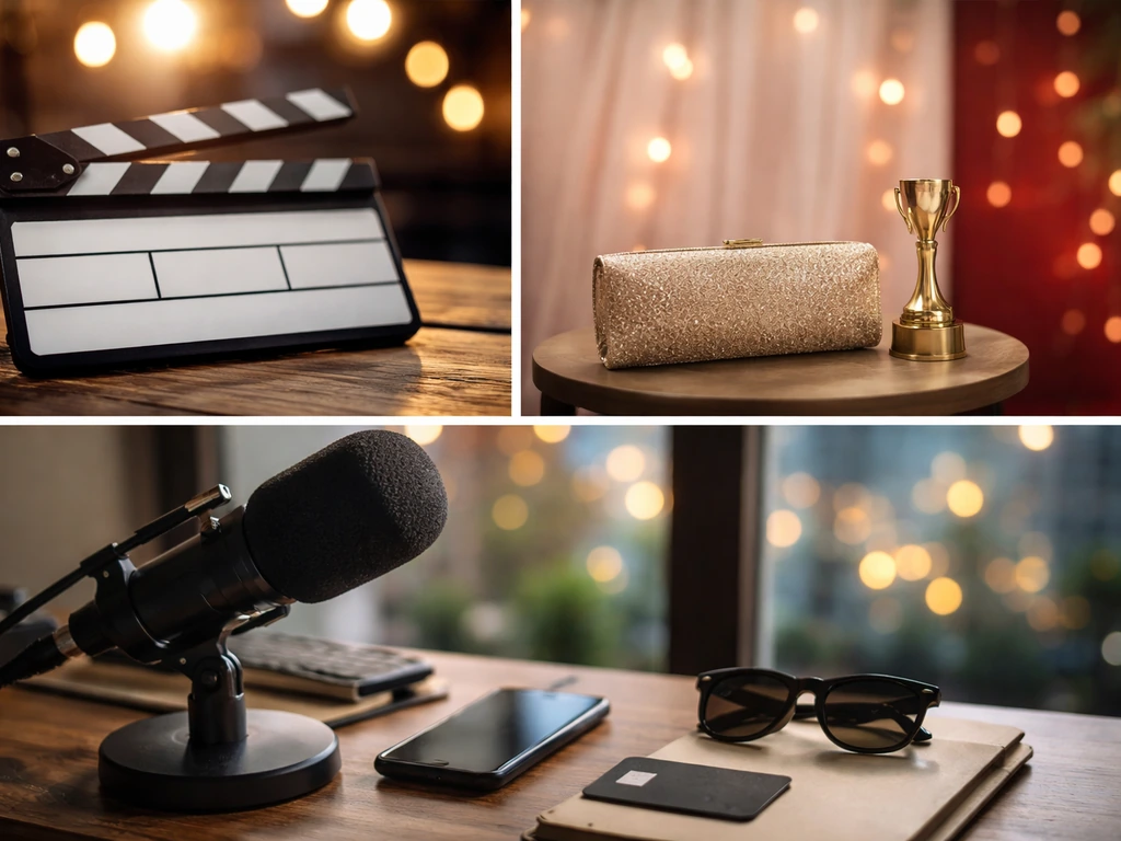 Minimal collage showing symbolic media, awards, and sponsorship visuals with money-themed desk items