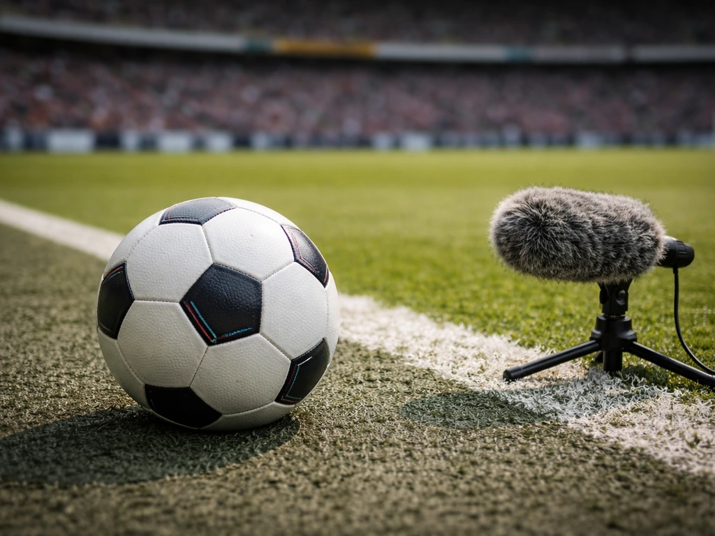 A football scene near a modern stadium with a broadcast microphone, suggesting a pro player profile.