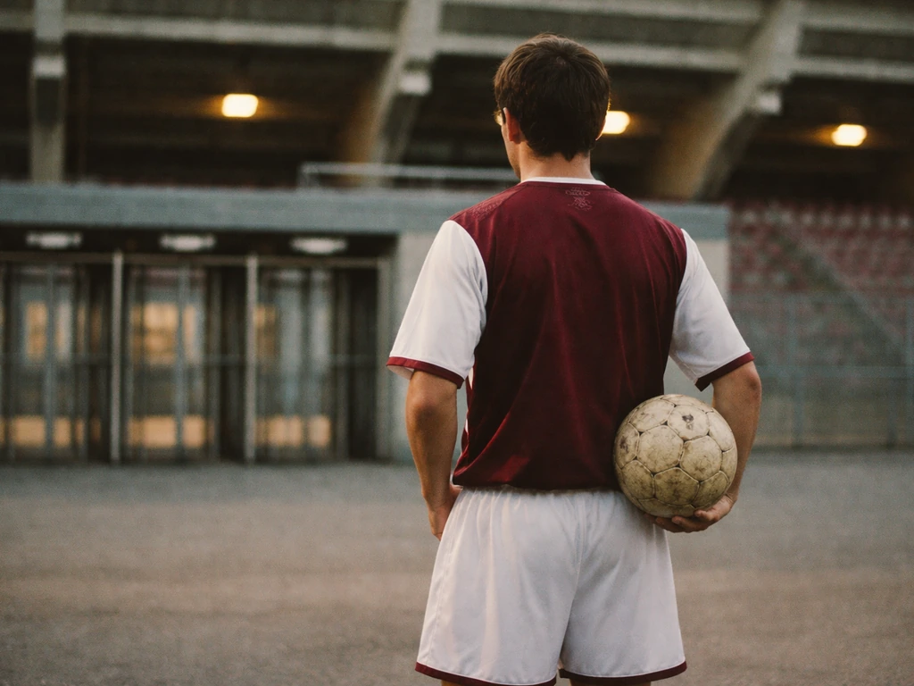 Anonymous footballer in a classic maroon-and-white kit holding a ball outside a Lyon stadium at dusk.