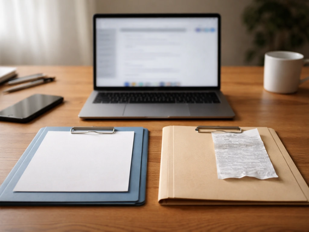 Minimal home-office desk with side-by-side blank documents and receipts suggesting net worth vs earnings checks.