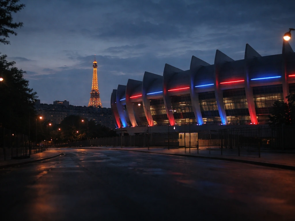 Evening view of a stadium skyline with Eiffel Tower backdrop, subtle red-blue lighting cues, no people.