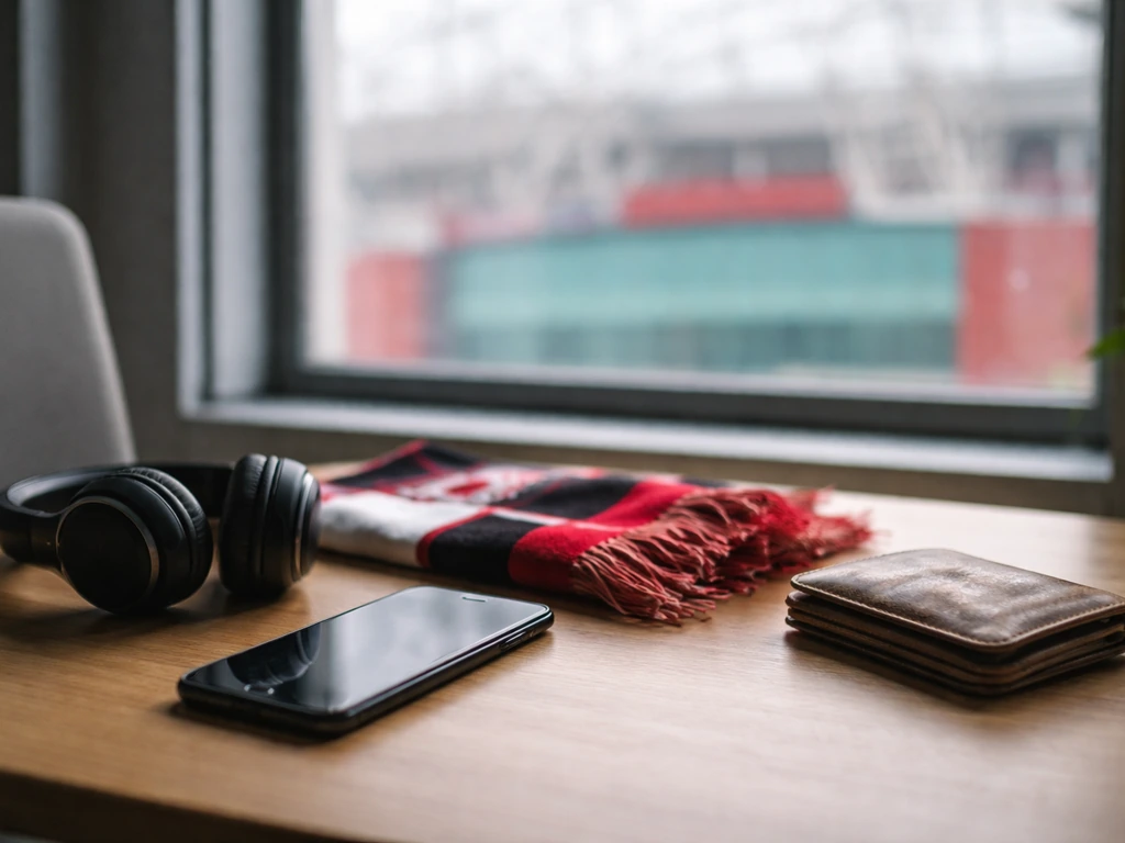 Minimal desk scene with phone and wallet near Manchester United–style scarf, hinting at player profile research