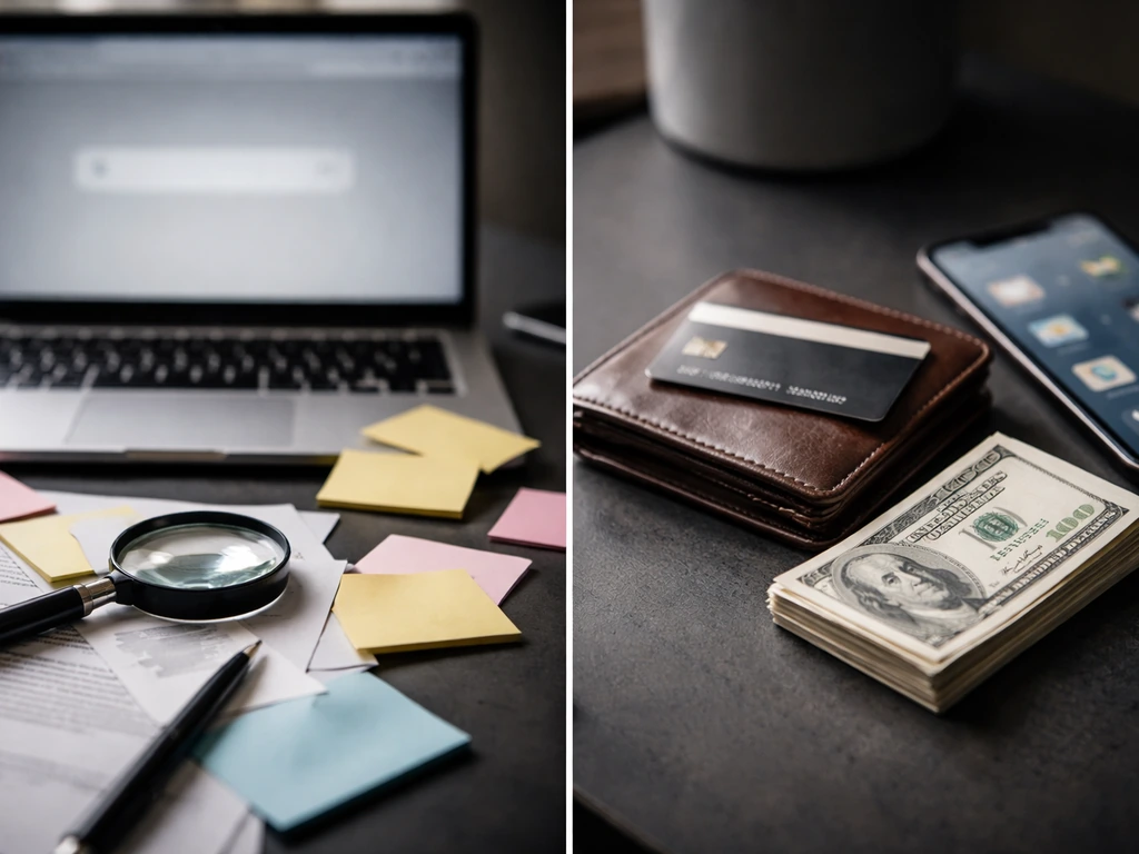 Split desk scene with laptop research on one side and wallet and cash on the other.