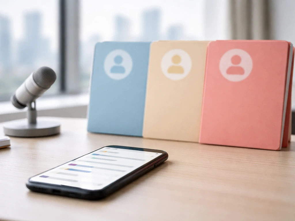 Minimal office desk with blurred search cards suggesting multiple different “Samy Suárez” profiles.